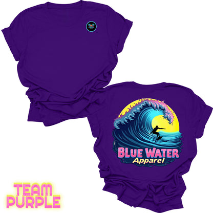 flat lay back graphic team purple neon surfer tee by blue water apparel