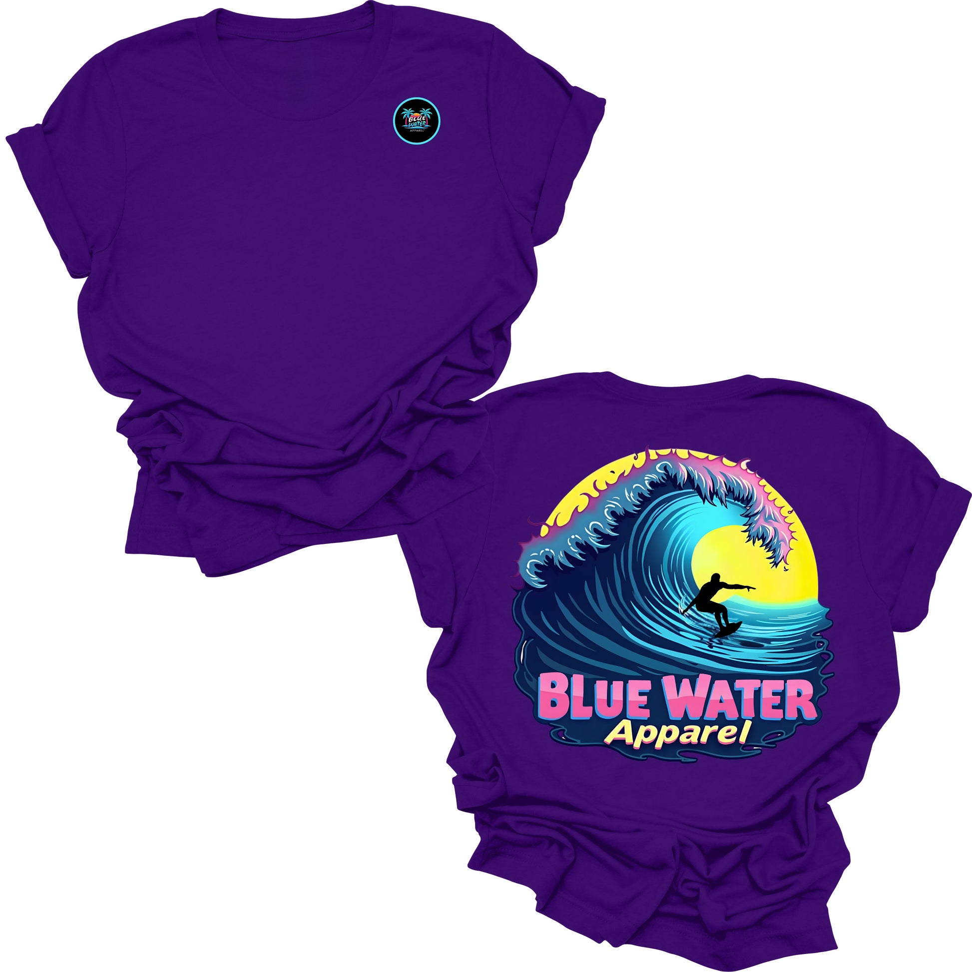 flat lay team purple neon surfer tee by blue water apparel