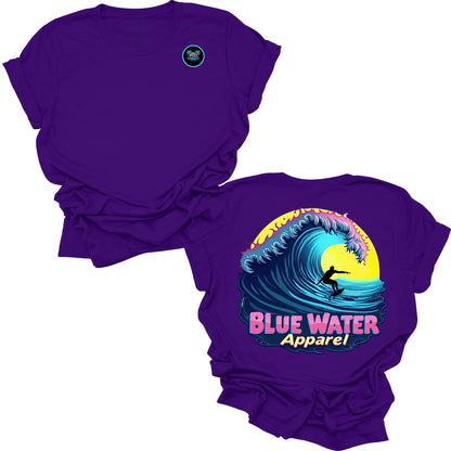 flat lay team purple neon surfer tee by blue water apparel