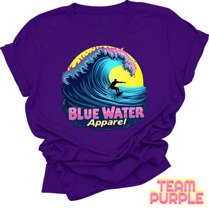 flat lay front graphic team purple neon surfer tee by blue water apparel