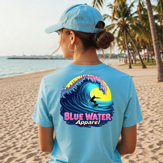 model on beach wearing turquoise neon surfer tee by blue water apparel
