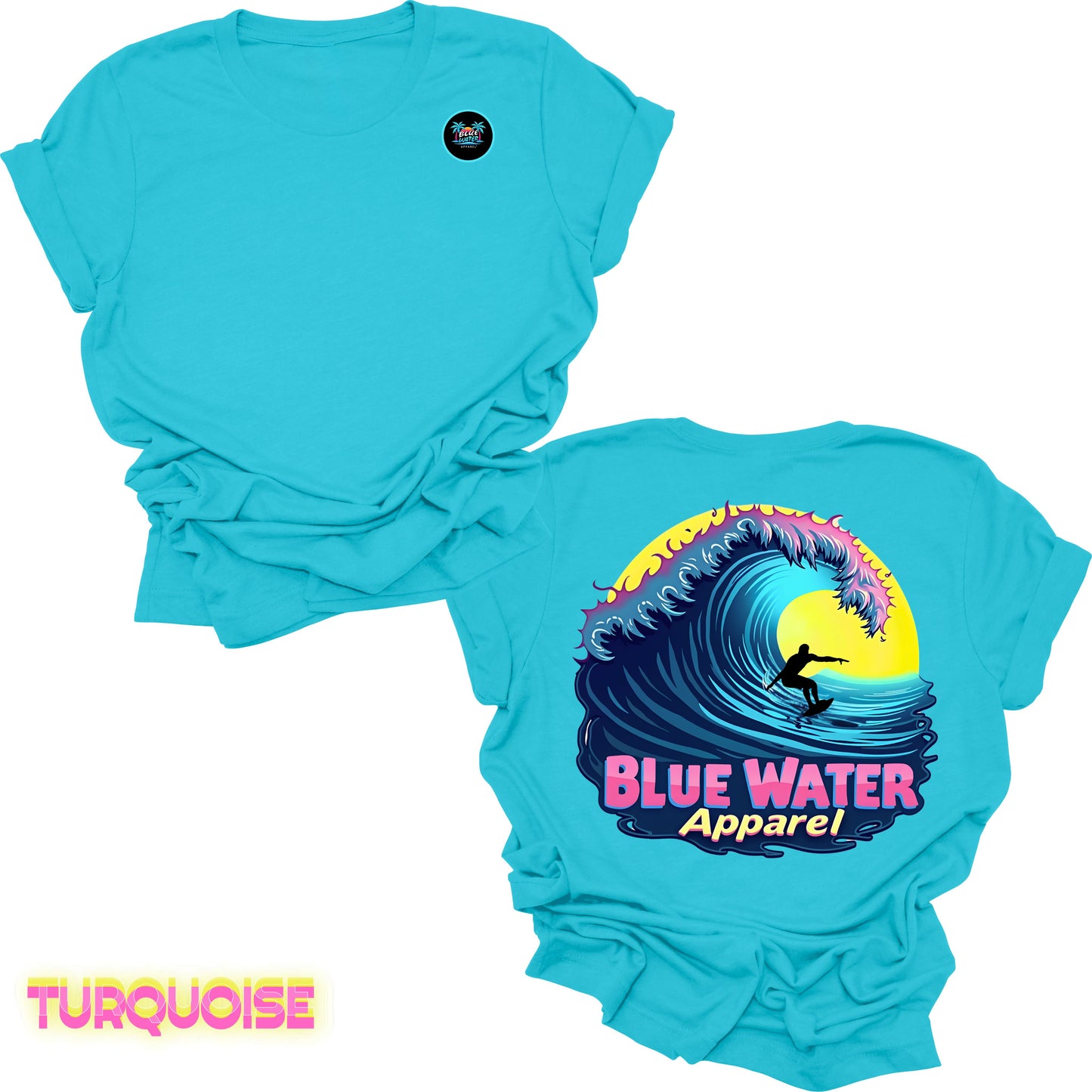 flat lay back graphic turquoise neon surfer tee by blue water apparel