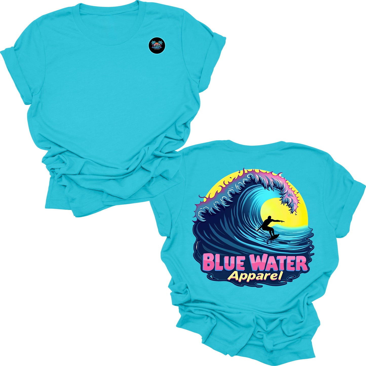 flat lay turquoise neon surfer tee by blue water apparel