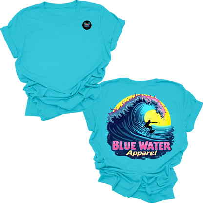 flat lay turquoise neon surfer tee by blue water apparel