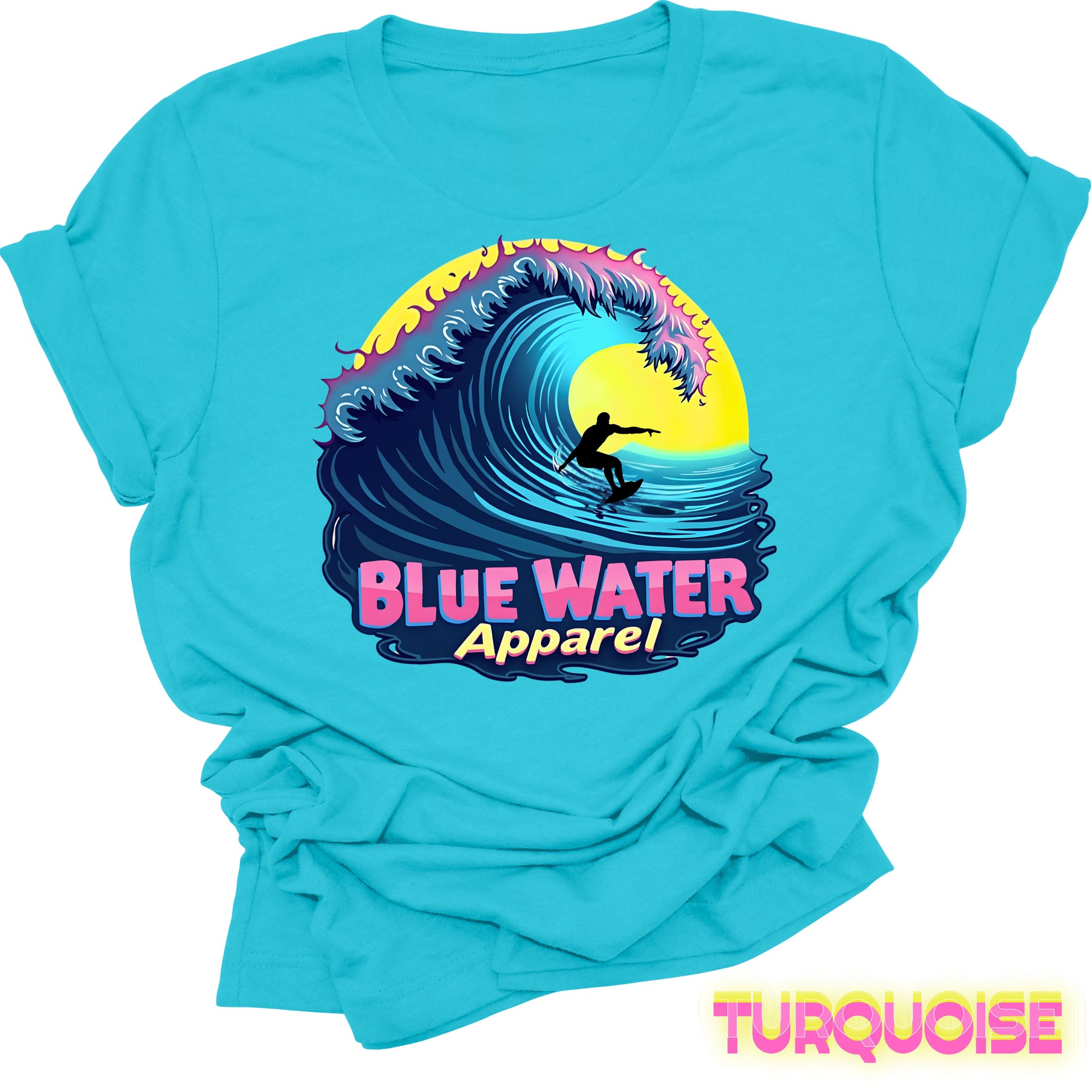 flat lay front graphic turquoise neon surfer tee by blue water apparel