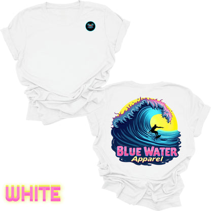 flat lay back graphic white neon surfer tee by blue water apparel