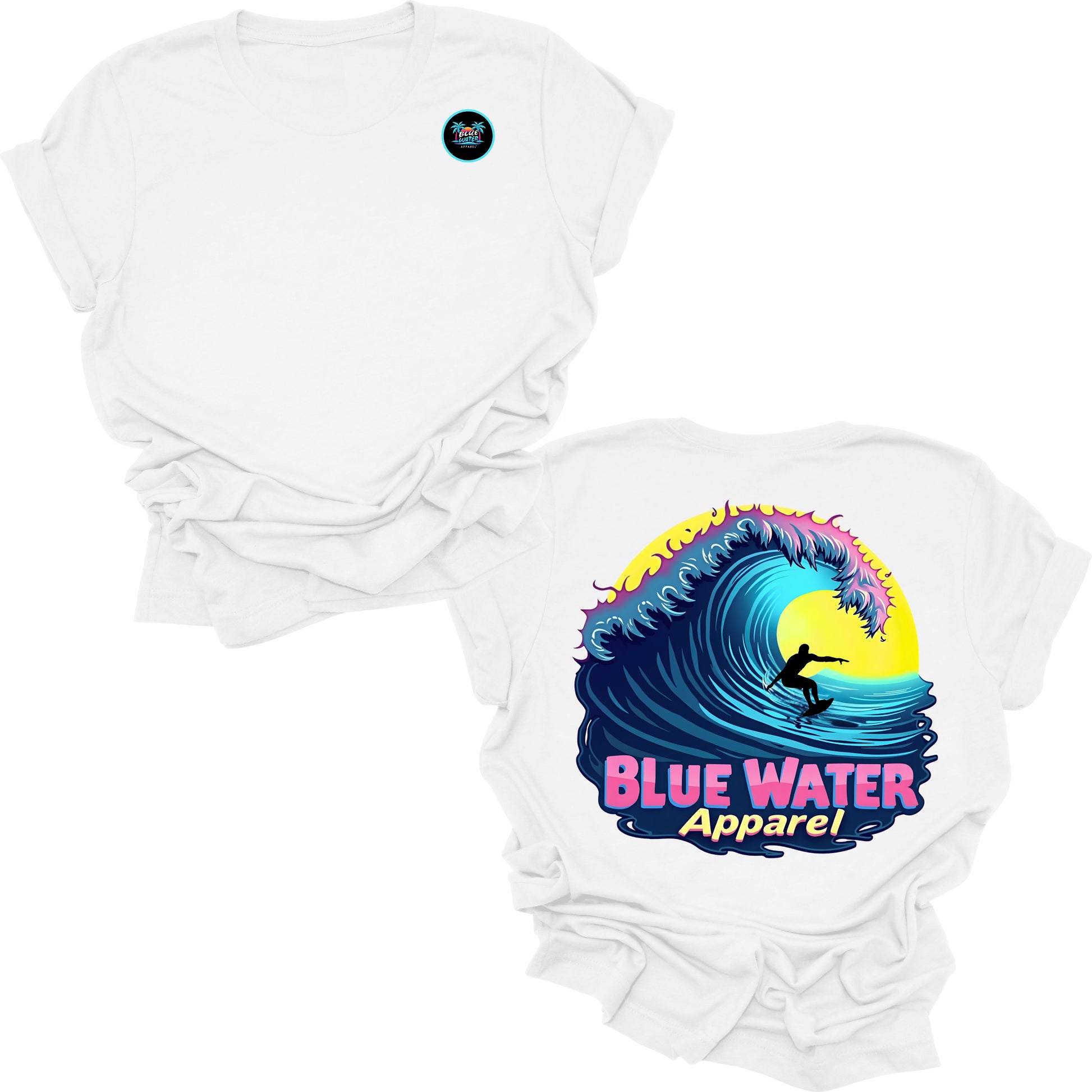 flat lay white neon surfer tee by blue water apparel