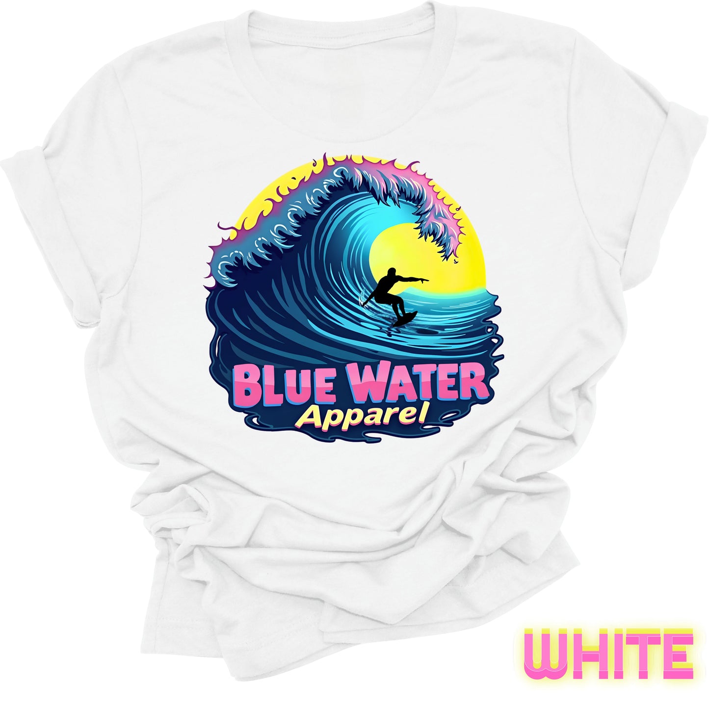 flat lay front graphic white neon surfer tee by blue water apparel