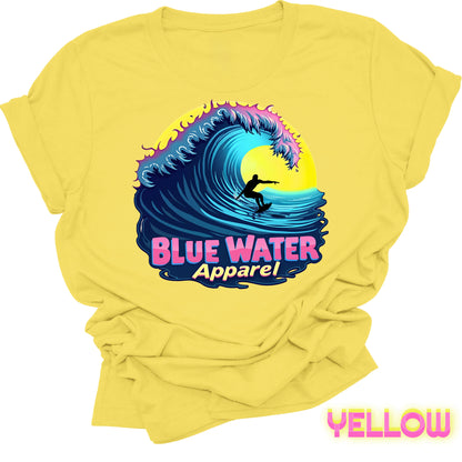 flat lay front graphic yellow neon surfer tee by blue water apparel