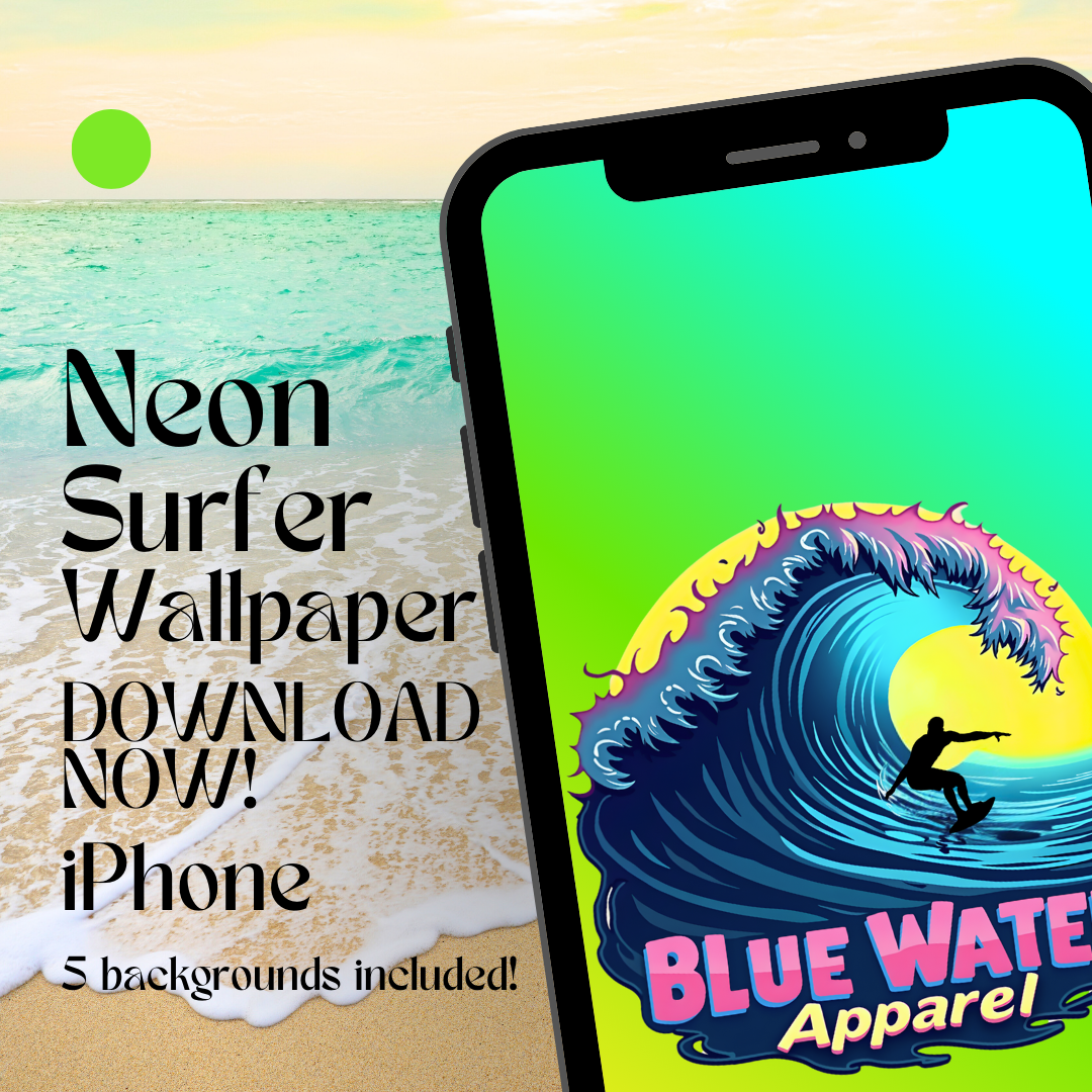Neon Surfer iPhone wallpaper with beach background by blue water apparel