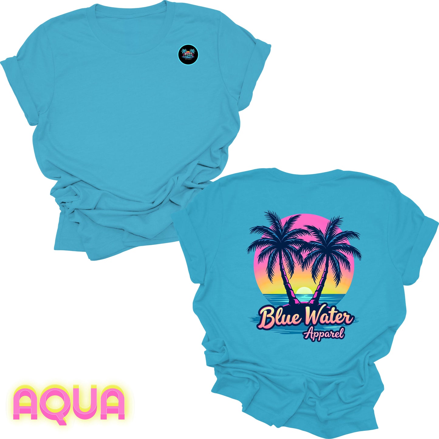 flat lay back graphic aqua neon tropics tee by blue water apparel