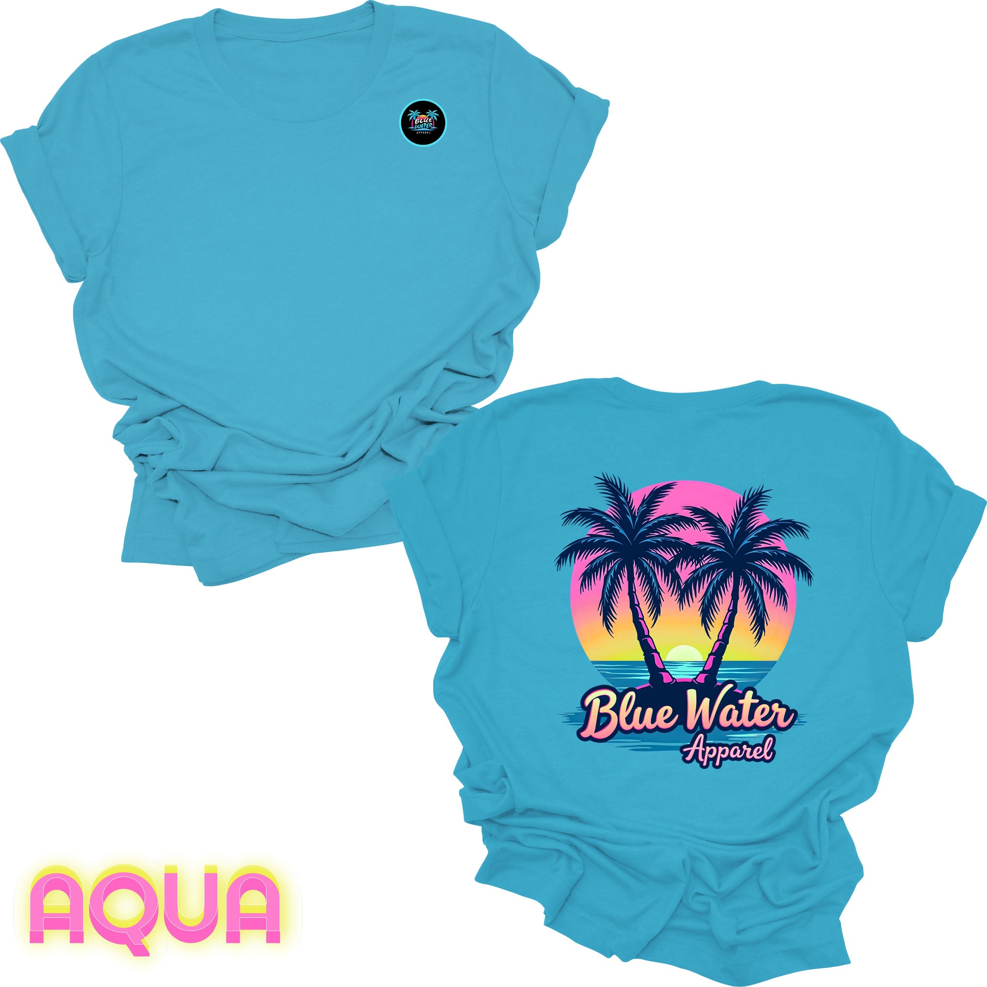 flat lay back graphic aqua neon tropics tee by blue water apparel