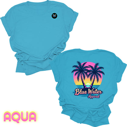 flat lay back graphic aqua neon tropics tee by blue water apparel