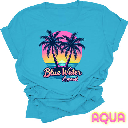 flat lay front graphic aqua neon tropics tee by blue water apparel
