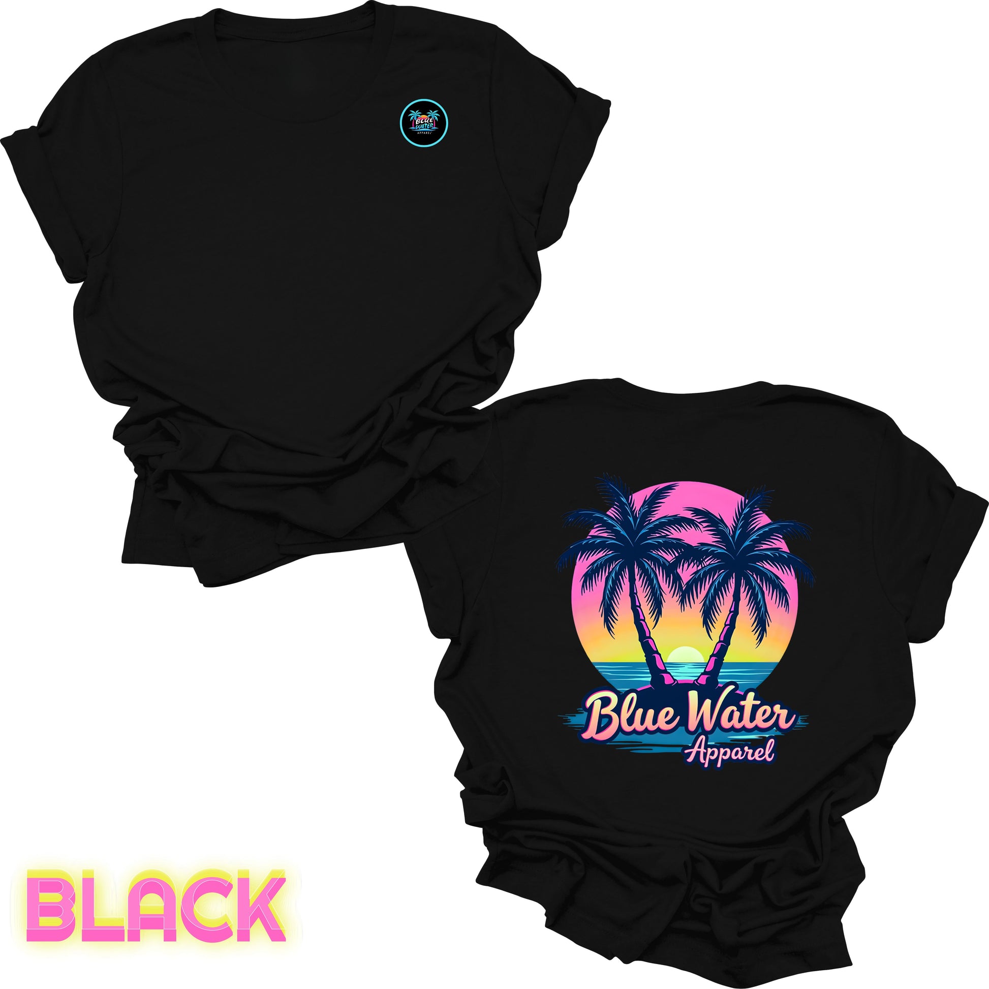 flat lay back graphic black neon tropics tee by blue water apparel