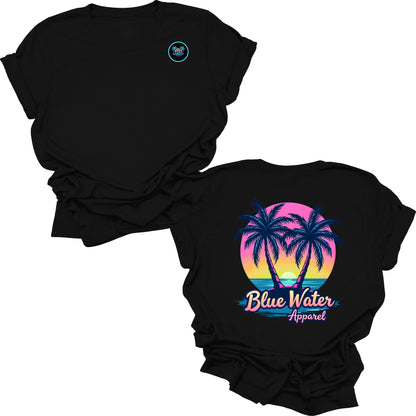 flat lay black neon tropics tee by blue water apparel