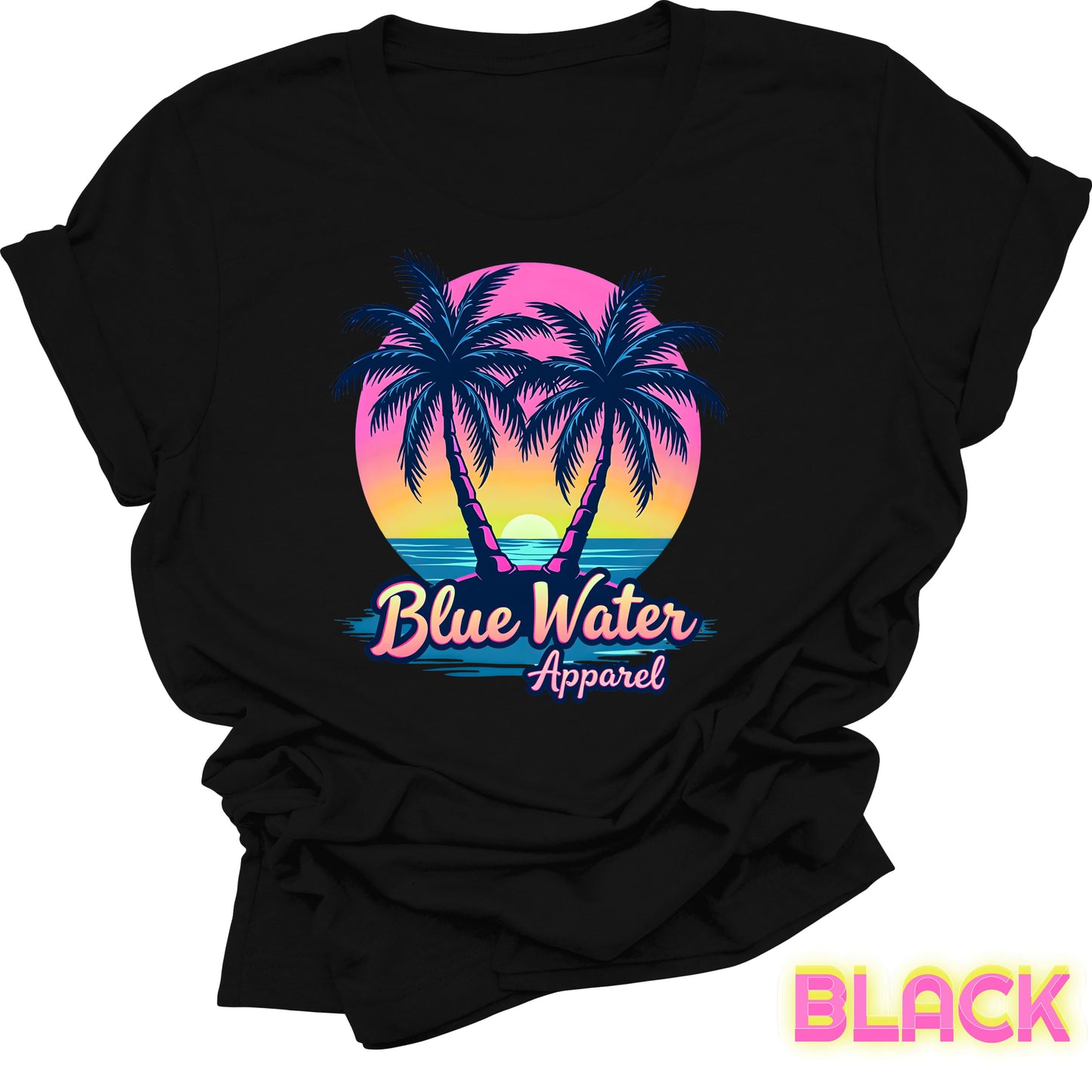 flat lay front graphic black neon tropics tee by blue water apparel