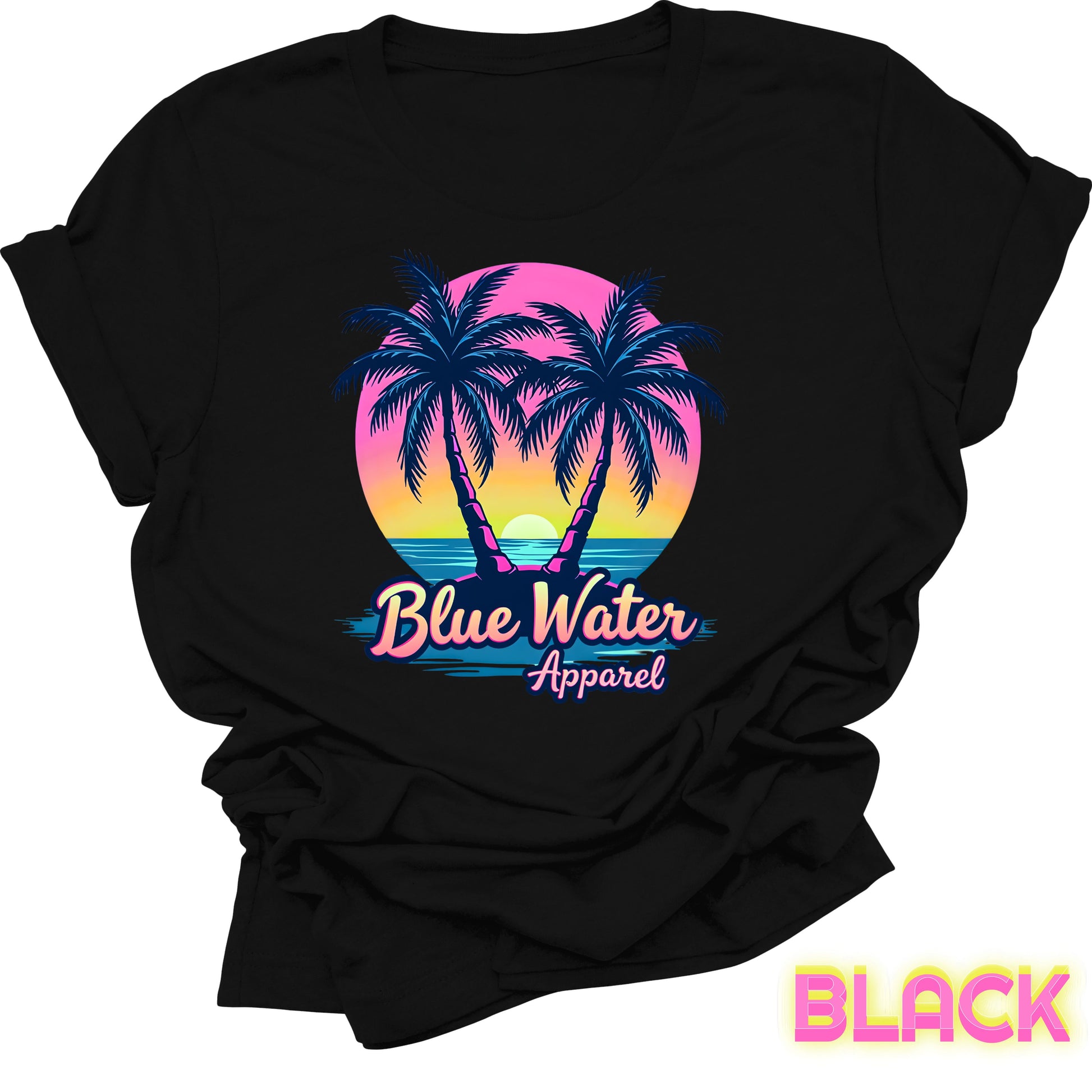 flat lay front graphic black neon tropics tee by blue water apparel