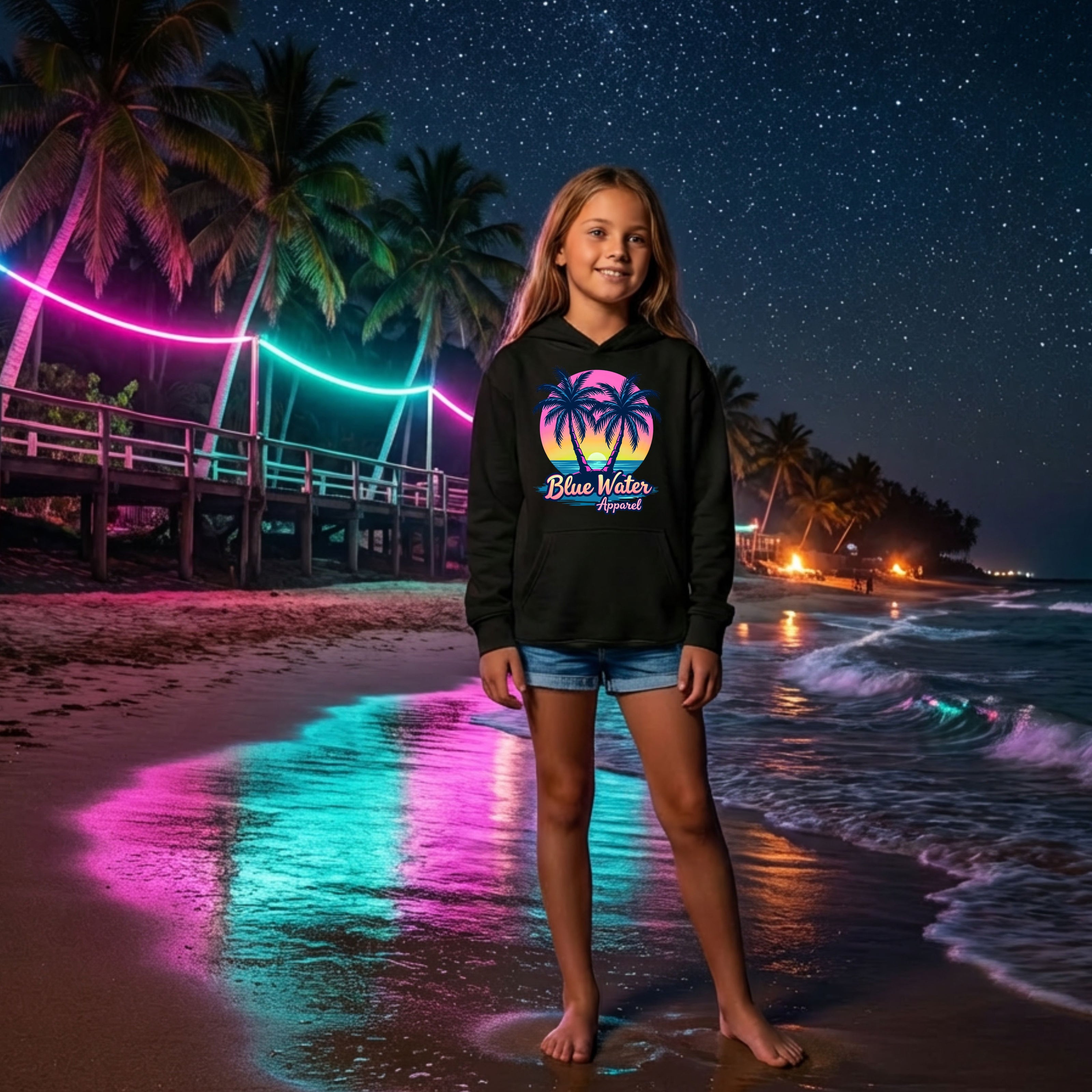 girl wearing black neon tropics hoodie on neon lit beach by blue water apparel