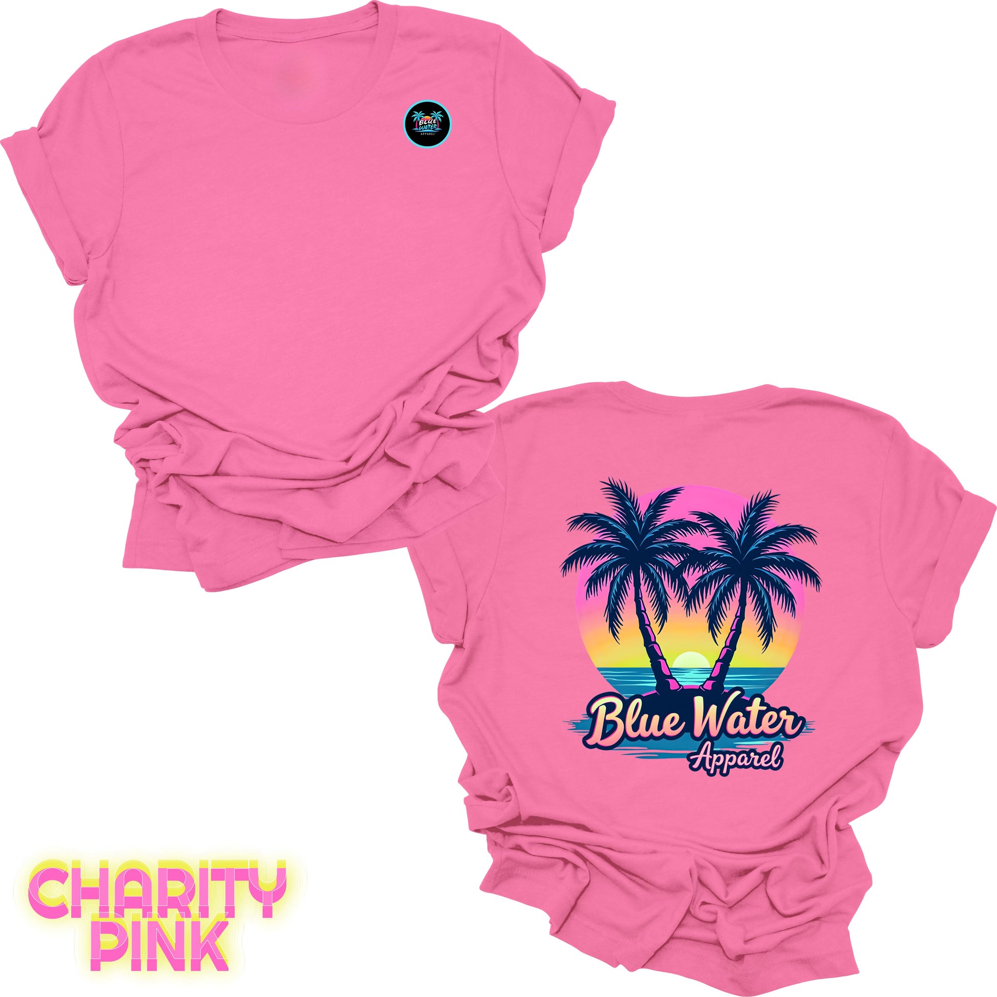 flat lay back graphic charity pink neon tropics tee by blue water apparel