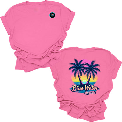 flat lay charity pink neon tropics tee by blue water apparel