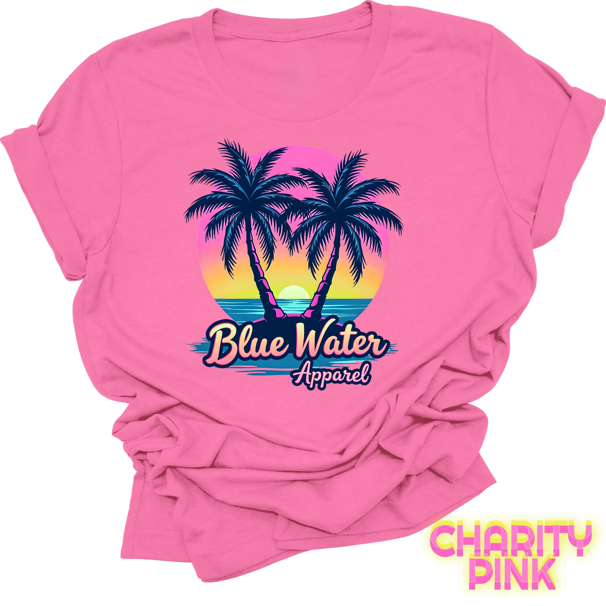 flat lay front graphic charity pink neon tropics tee by blue water apparel