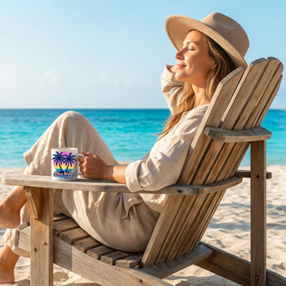 woman with neon tropics coffee mug sitting in a beach chair on a bright, sunny morning by blue water apparel