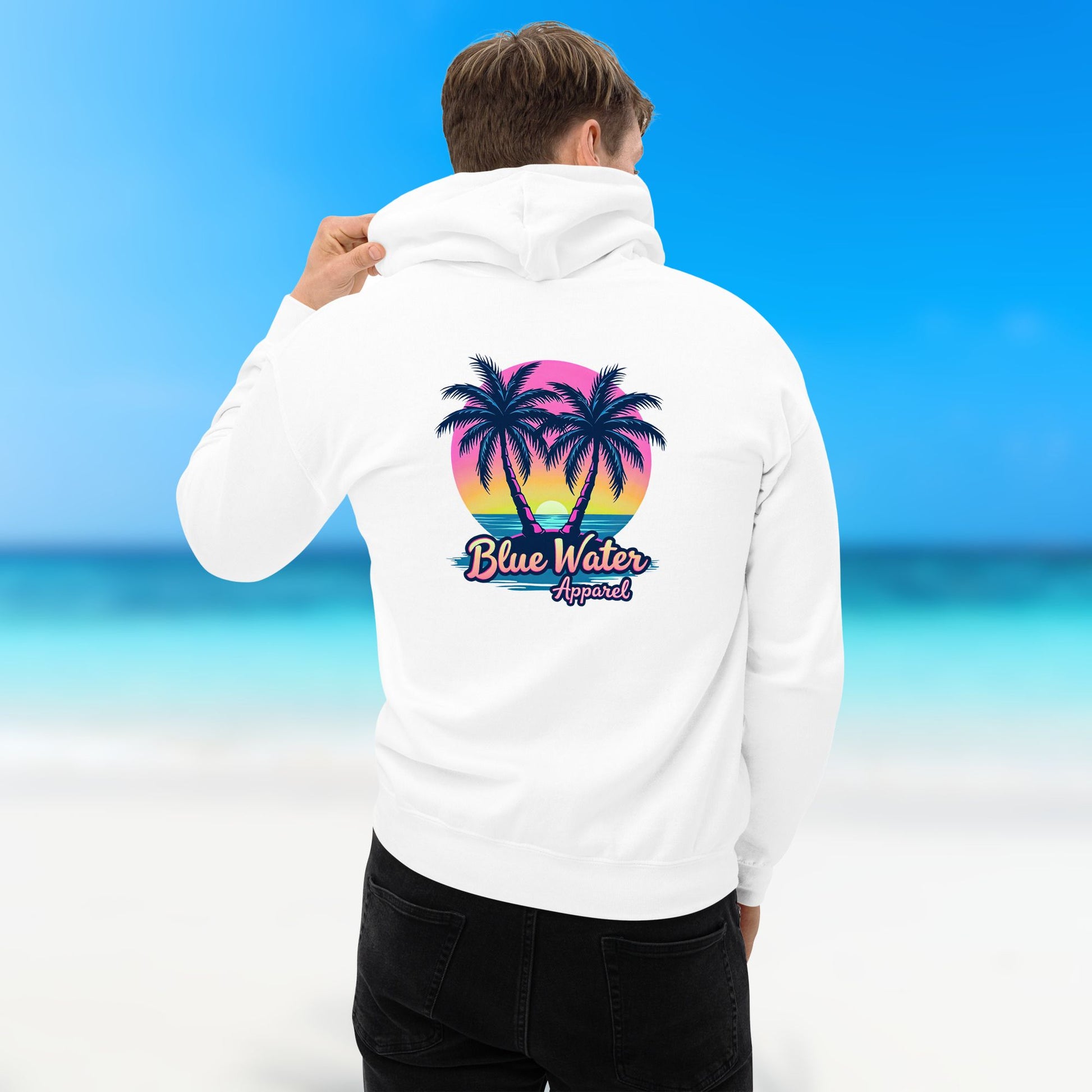 male model on beach wearing white neon tropics hoodie by blue water apparel