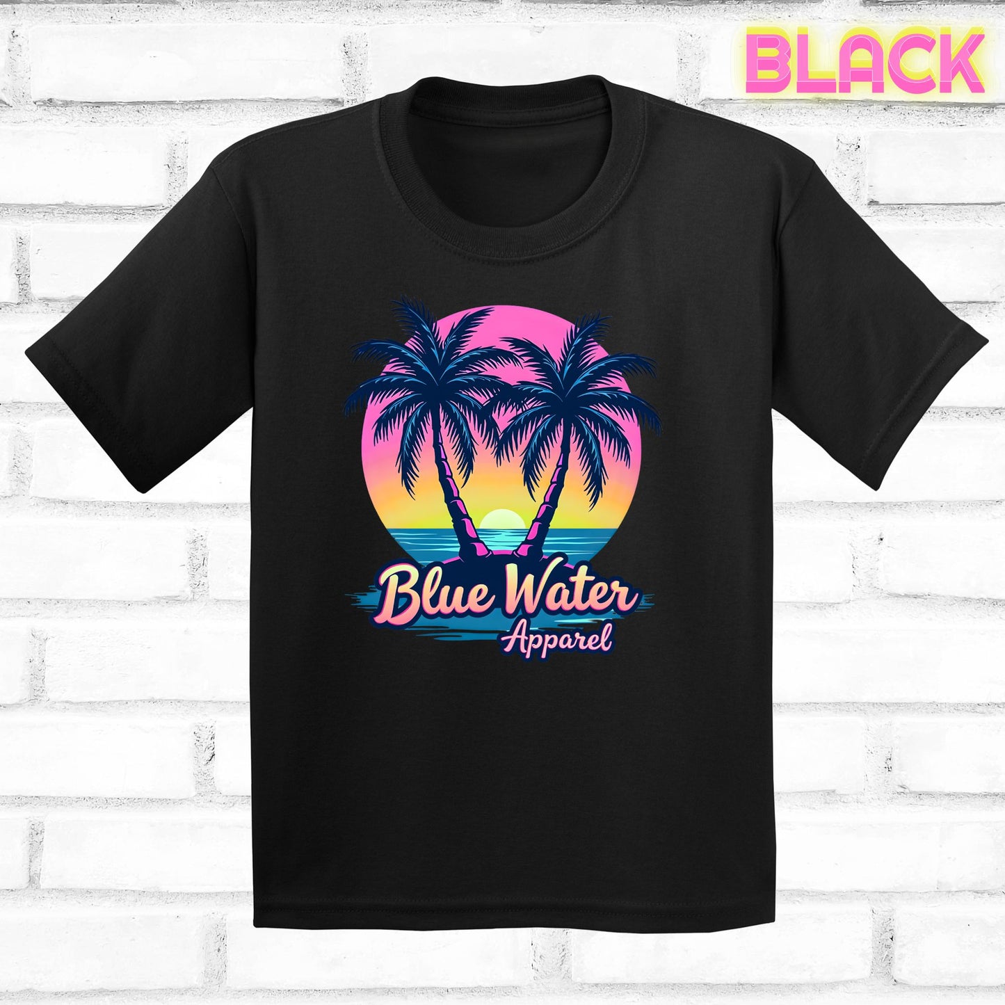 flat lay kids black neon tropics tee by blue water apparel