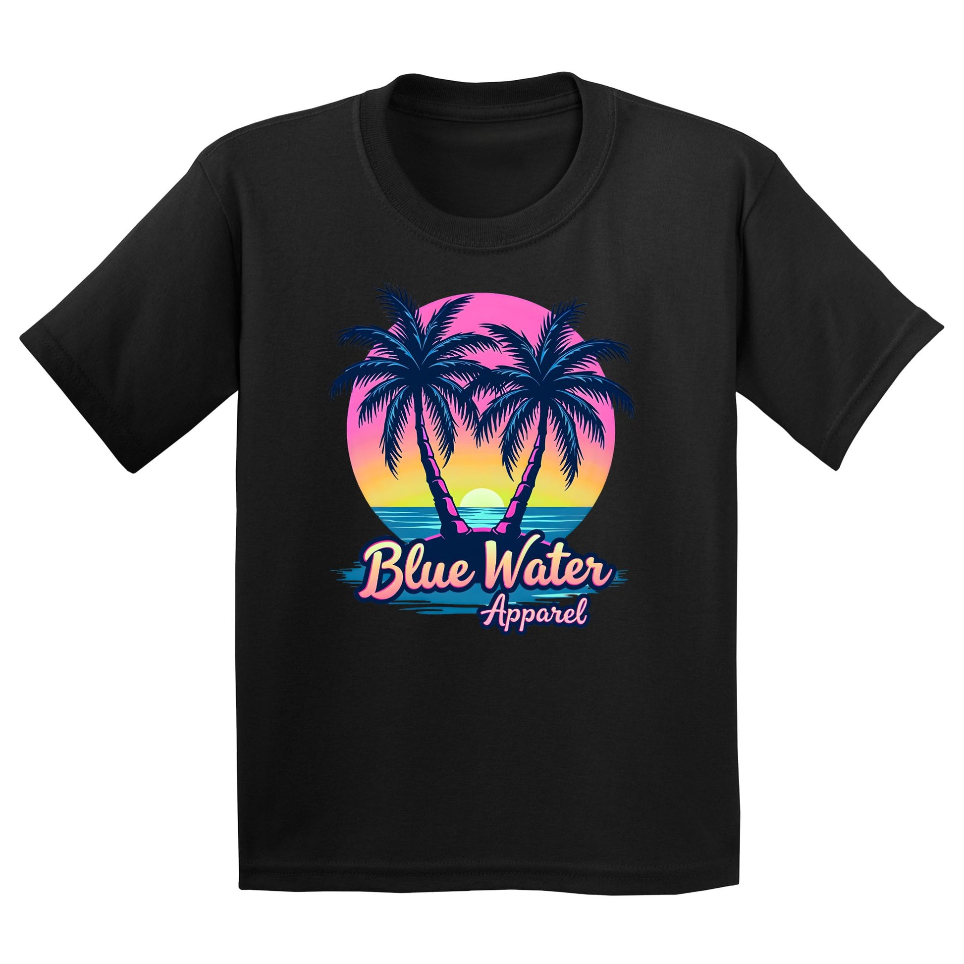 flat lay black neon tropics kids tee by blue water apparel
