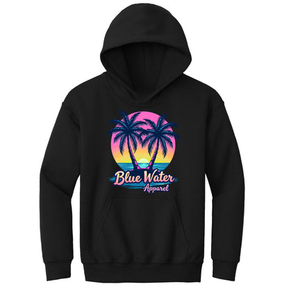 flat lay black neon tropics kids hoodie by blue water apparel