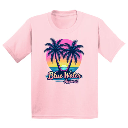 flat lay light pink neon tropics kids tee by blue water apparel