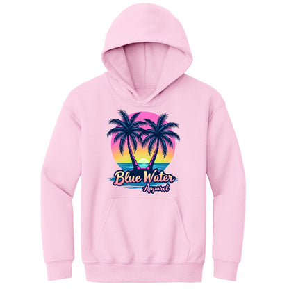 flat lay light pink neon tropics kids hoodie by blue water apparel