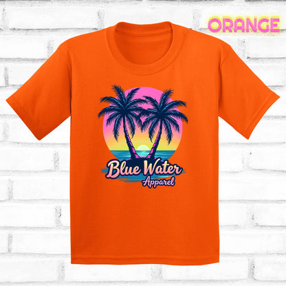 flat lay kids orange neon tropics tee by blue water apparel