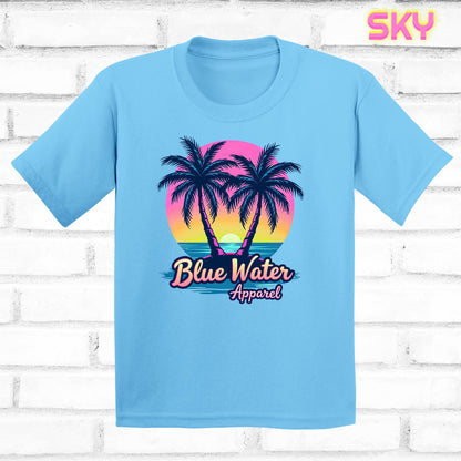 flat lay kids sky neon tropics tee by blue water apparel