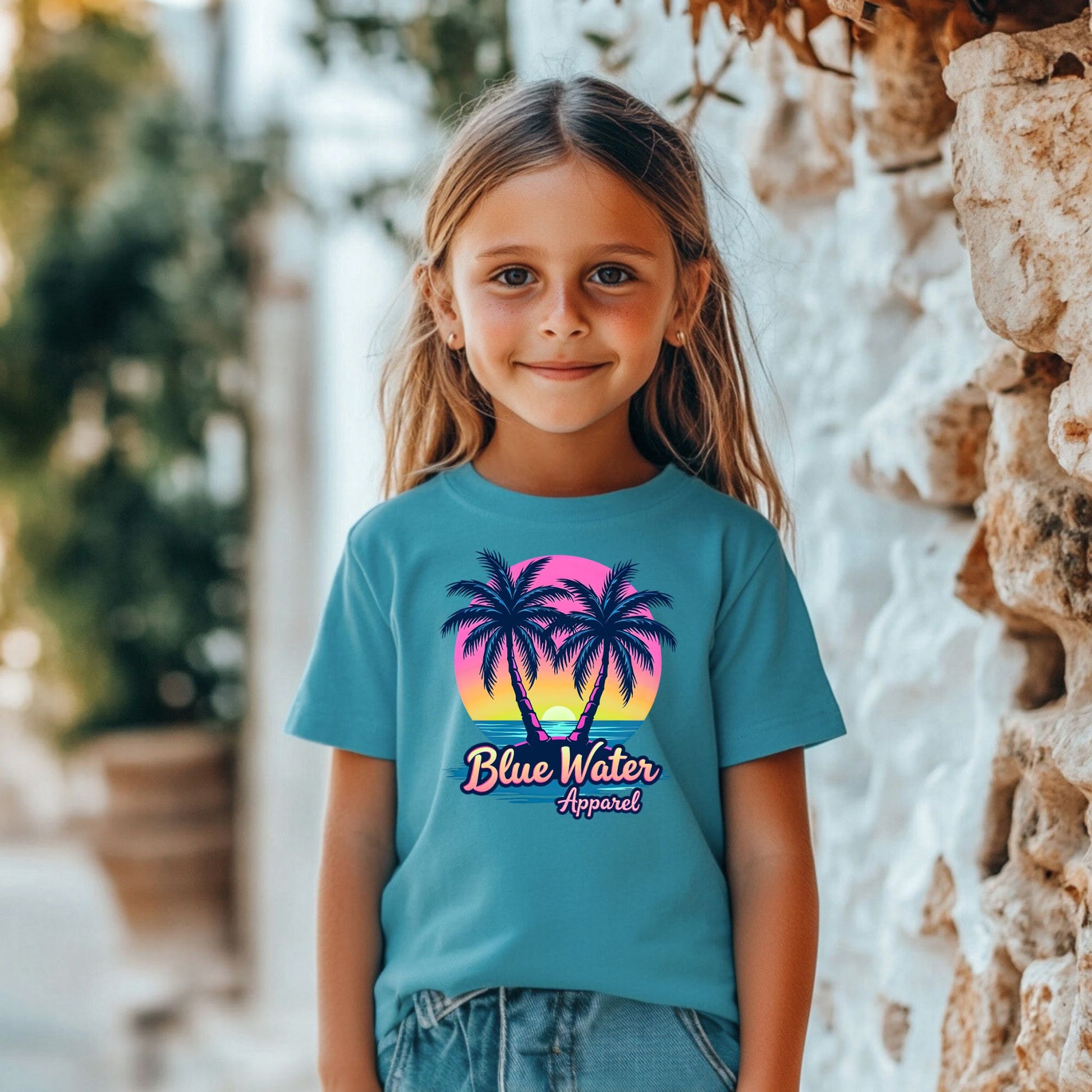 female child wearing tropical blue neon tropics tee by blue water apparel