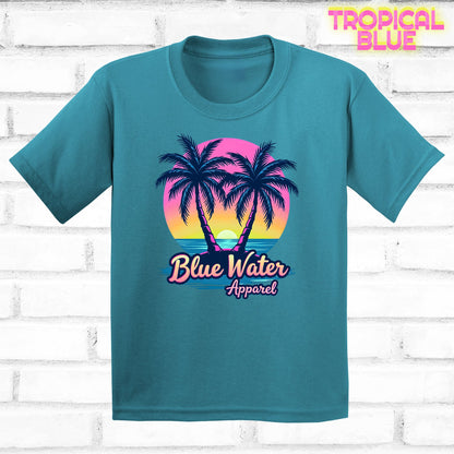 flat lay kids tropical blue neon tropics tee by blue water apparel
