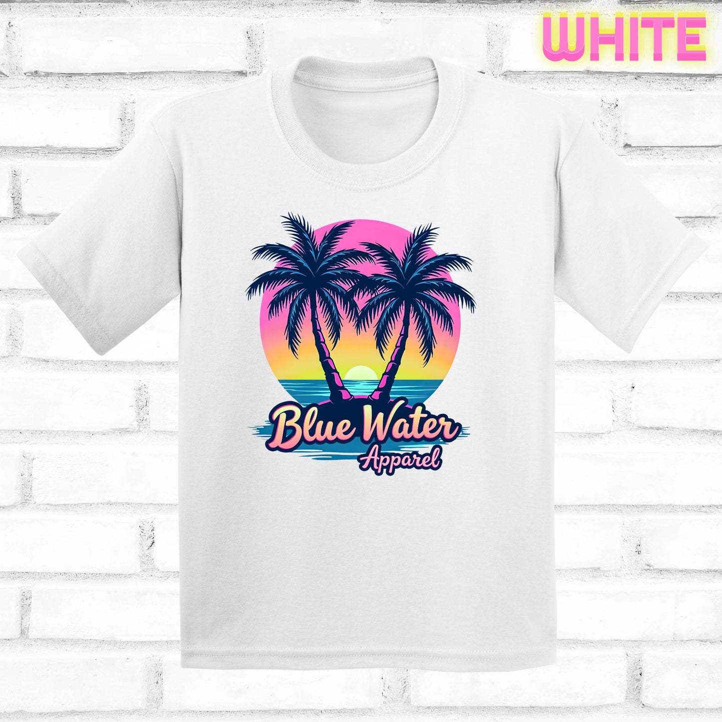flat lay kids white neon tropics tee by blue water apparel