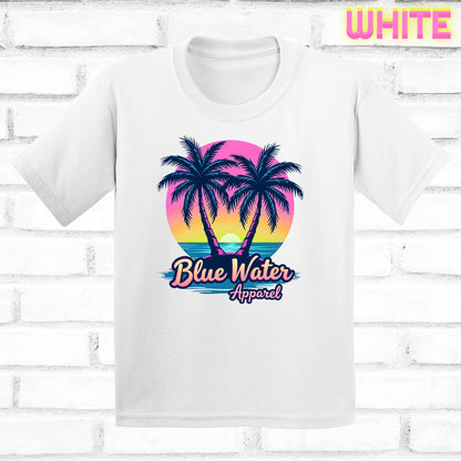flat lay kids white neon tropics tee by blue water apparel