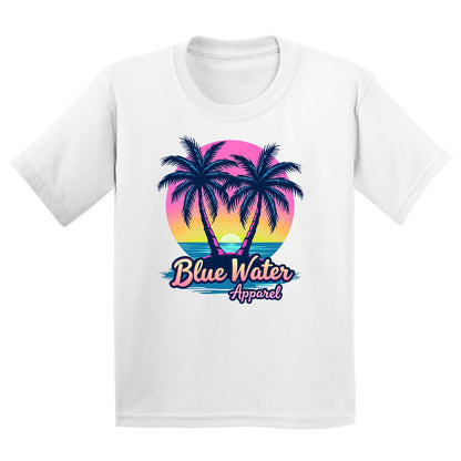 flat lay white neon tropics kids tee by blue water apparel