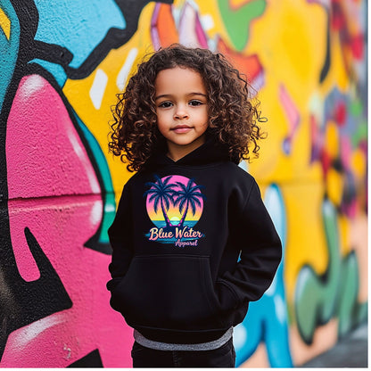male model wearing black neon tropics kids hoodie by blue water apparel