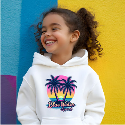 female model wearing white neon tropics kids hoodie by blue water apparel