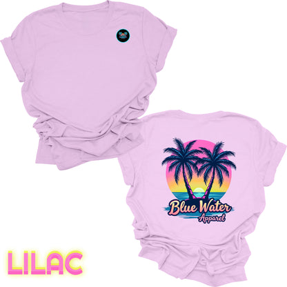 flat lay back graphic lilac neon tropics tee by blue water apparel