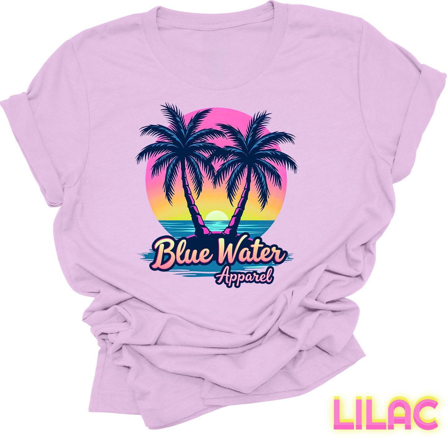 flat lay front graphic lilac neon tropics tee by blue water apparel