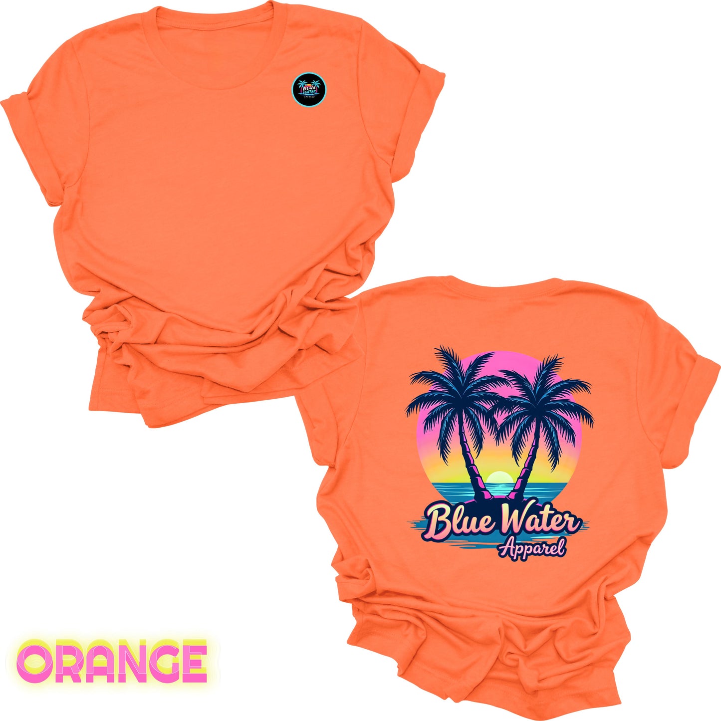 flat lay back graphic orange neon tropics tee by blue water apparel