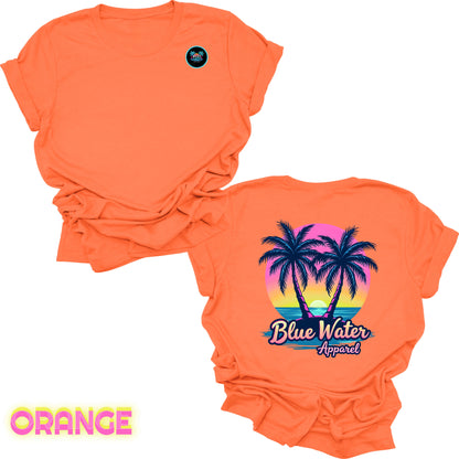 flat lay back graphic orange neon tropics tee by blue water apparel