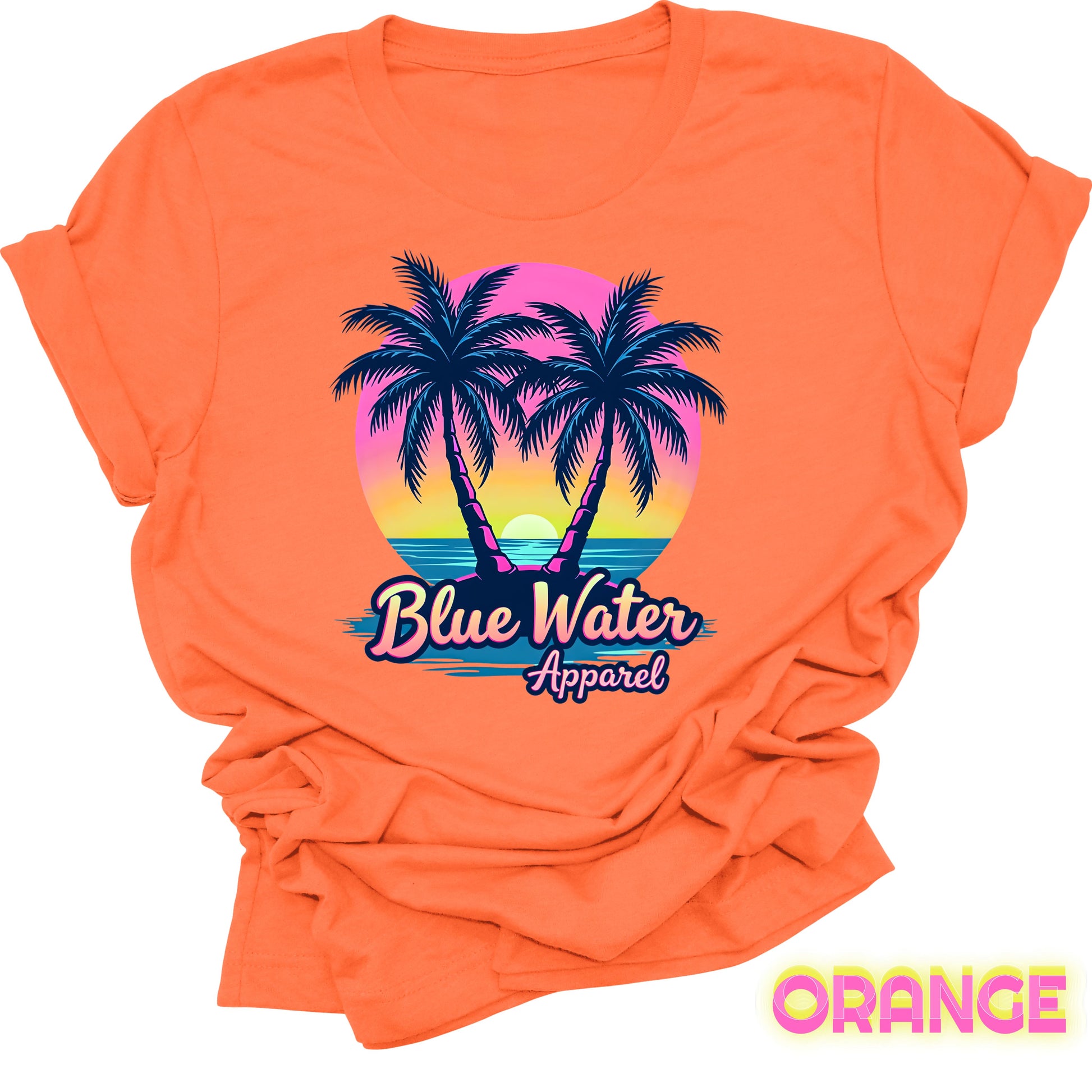 flat lay front graphic orange neon tropics tee by blue water apparel