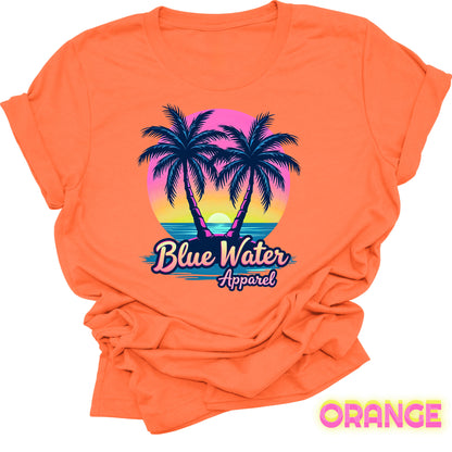 flat lay front graphic orange neon tropics tee by blue water apparel