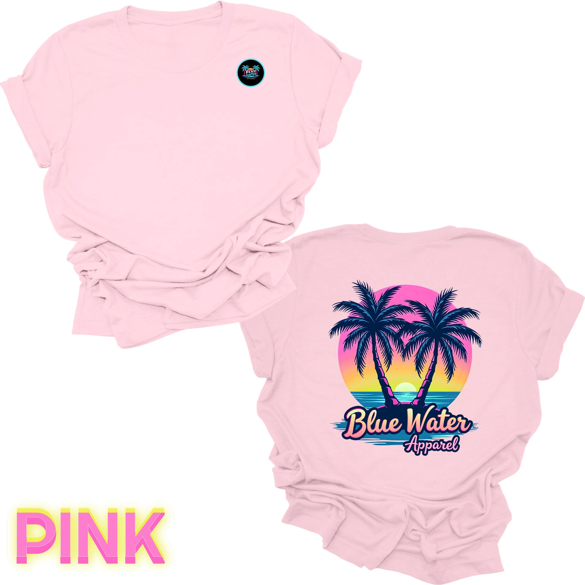 flat lay back graphic pink neon tropics tee by blue water apparel
