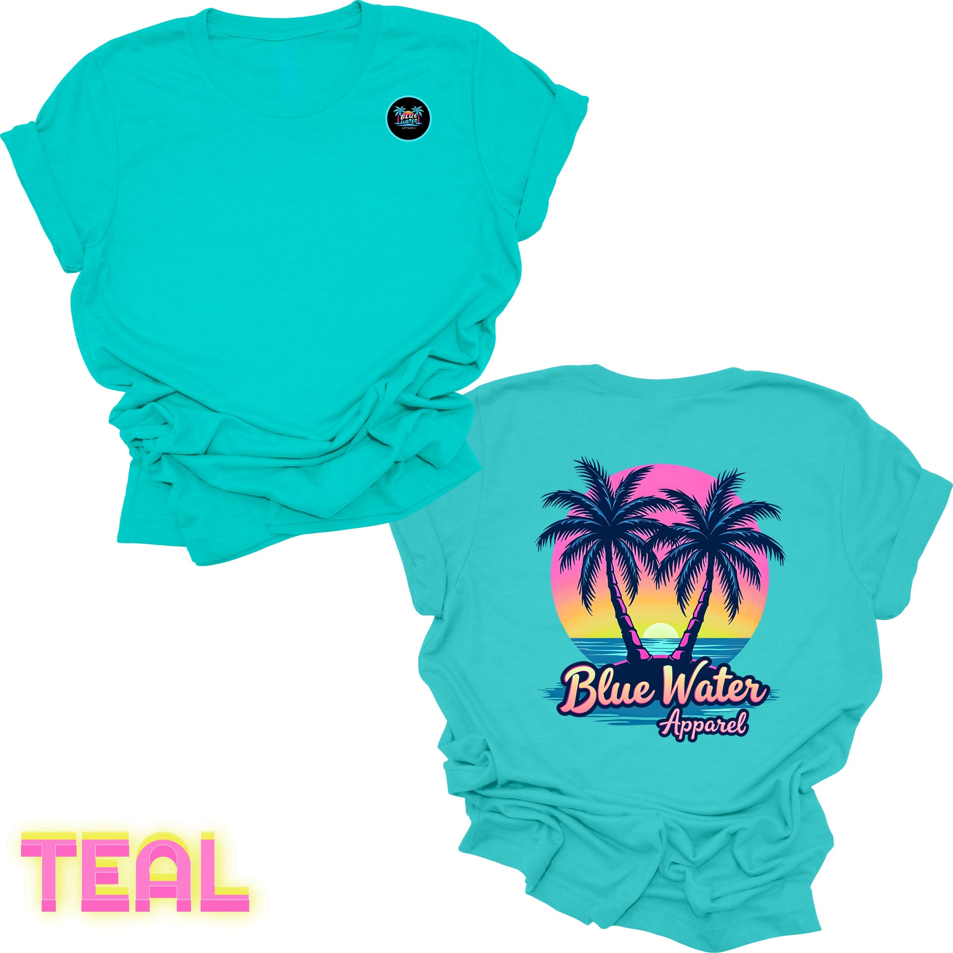 flat lay back graphic teal neon tropics tee by blue water apparel